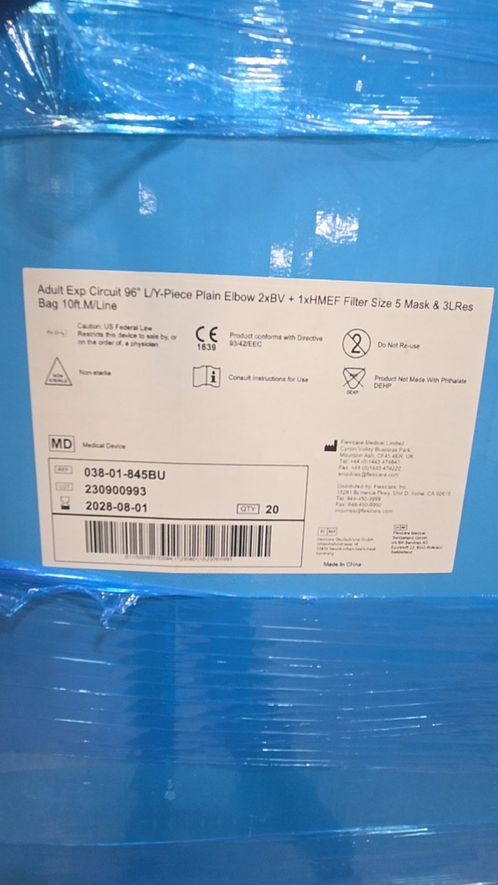 038-01-845BU - FLEXICARE - Adult Exp Circuit 96" L/Y-Piece Plain Elbow 2xBV + 1xHMEF Filter Size 5 Mask & 3LRes Bag 10ft M/Line, (CS/20)