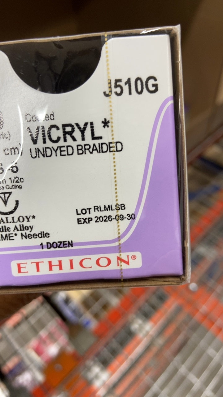 J510G - ETHICON - Coated Vicryl Absorbable Braided Polyglactin 910 Suture, Size 6-0, 18 in. Length, PS-6 Needle, (BX/12)