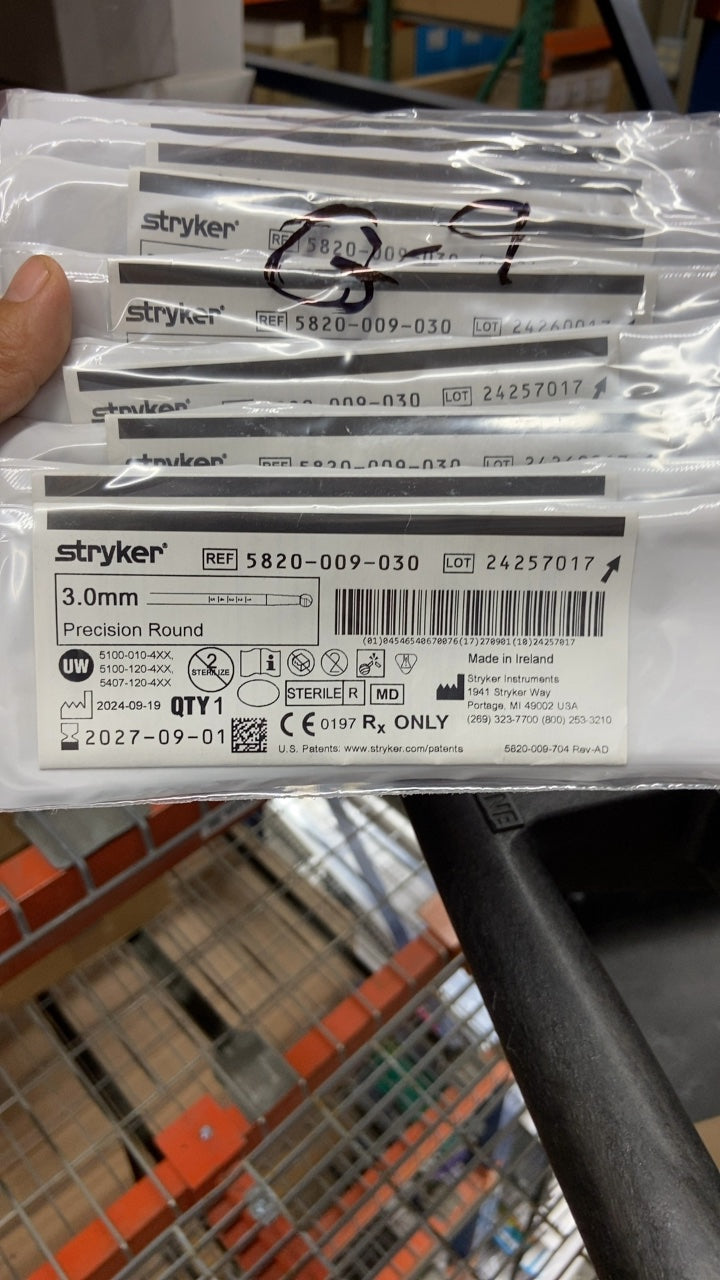 5820-009-030 - STRYKER - Precision Round Flute Burr with RIM Glide Technology, 3 mm Head Diameter, (EA/1)