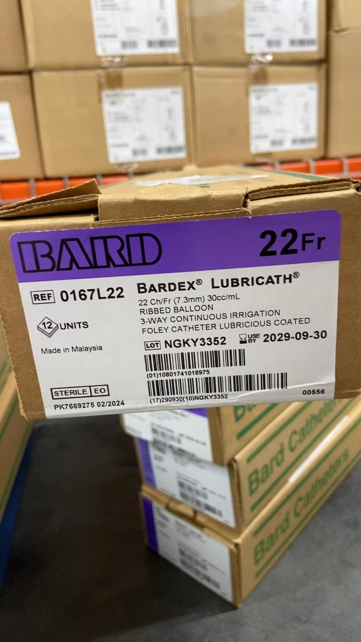 0167L22 - BARD - BARDEX LUBRICATH 22 Ch/Fr (7.3mm) 30cc/mL RIBBED BALLOON 3-WAY CONTINUOUS IRRIGATION FOLEY CATHETER LUBRICIOUS COATED, (BX/12)