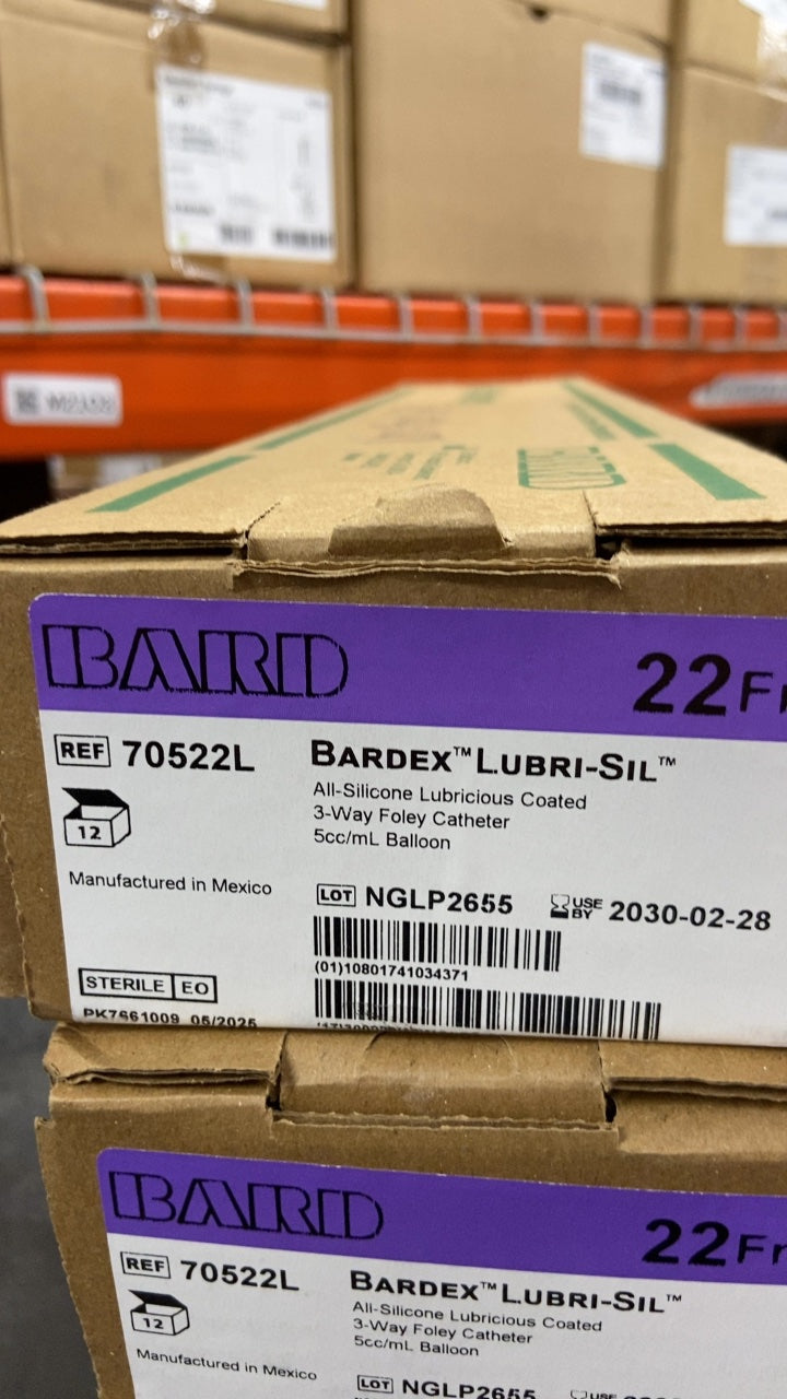 70522L - BARD - BARDEX LUBRI-SIL All-Silicone Lubricious Coated 3-Way Foley Catheter 5cc/mL Balloon, (BX/12)