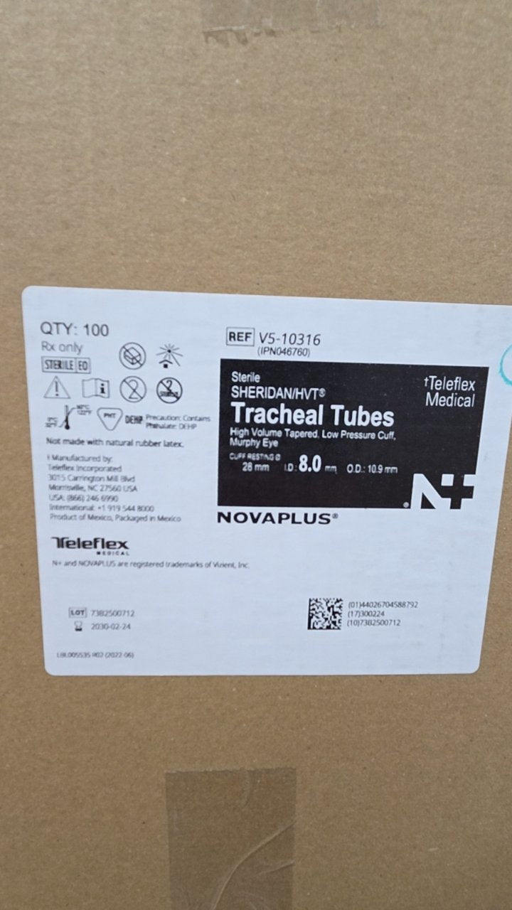 V5-10316 - TELEFLEX - Sterile SHERIDAN/HVT® Tracheal Tubes High Volume Tapered Low Pressure Cuff, Murphy Eye, (CS/100)