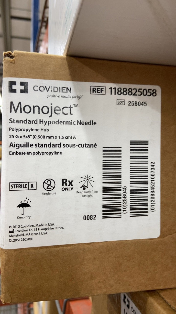 1188825058 - COVIDIEN - Monoject Standard Hypodermic Needle, Polypropylene Hub, 25 G x 5/8" (0.508 mm x 1.6 cm) A, (CS/1000)