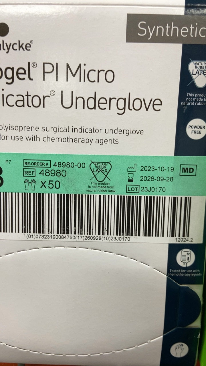 48980 - MOLNLYCKE - Biogel PI Micro Indicator Underglove - Polyisoprene surgical indicator underglove for use with chemotherapy agents, (BX/50)