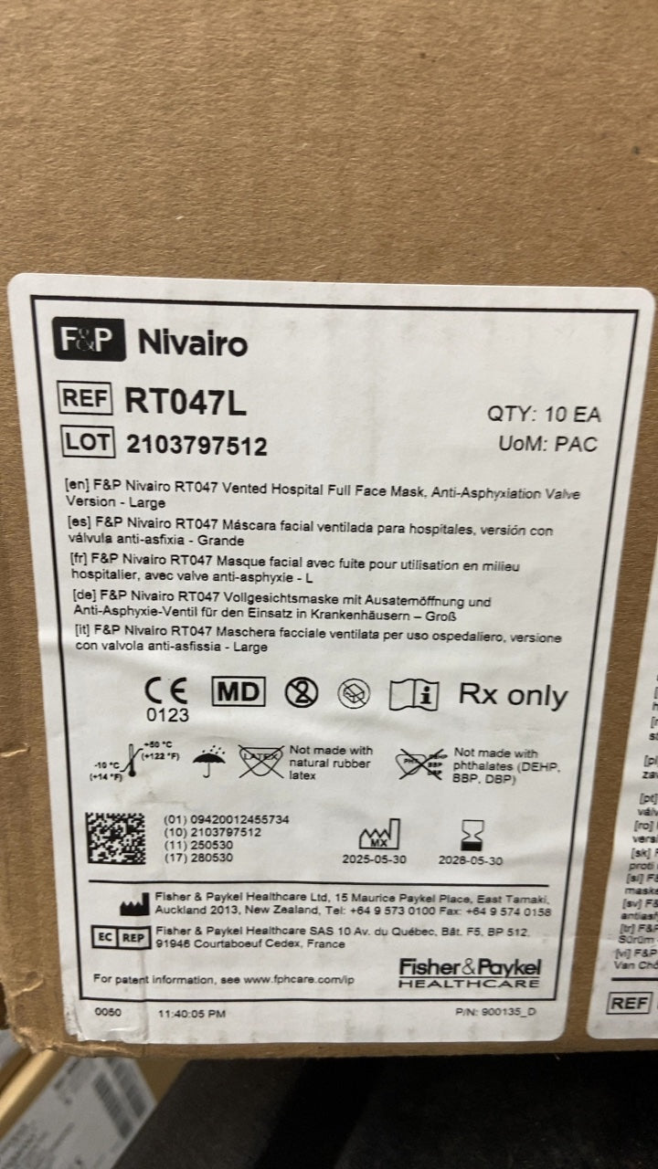 RT047L - FISHER & PAYKEL - F&P Nivairo RT047 Vented Hospital Full Face Mask, Anti-Asphyxiation Valve Version - Large, (BX/10)