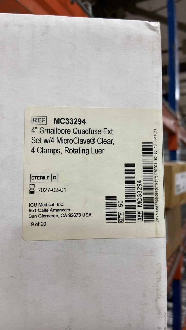 MC33294 - ICU MEDICAL - 4" Smallbore Quadfuse Ext Set w/4 MicroClave® Clear, 4 Clamps, Rotating Luer, (BX/50)