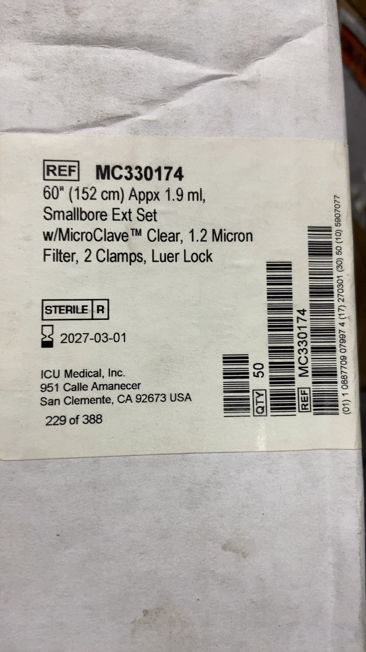 MC330174 - ICU MEDICAL - 60" (152 cm) Appx 1.9 mL, Smallbore Ext Set w/MicroClave™ Clear, 1.2 Micron Filter, 2 Clamps, Luer Lock, (BX/50)