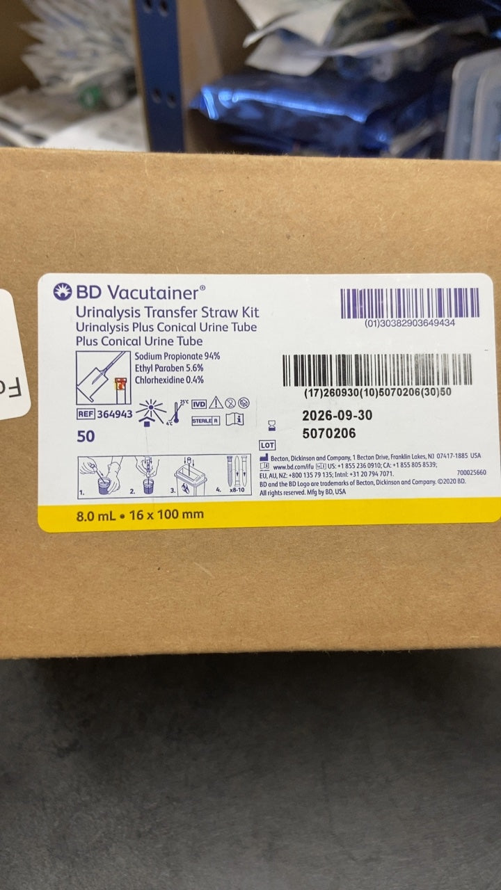 364943 - BD - BD Vacutainer Urinalysis Transfer Straw Kit - Urinalysis Plus Conical Urine Tube Plus Conical Urine Tube, (BX/50)