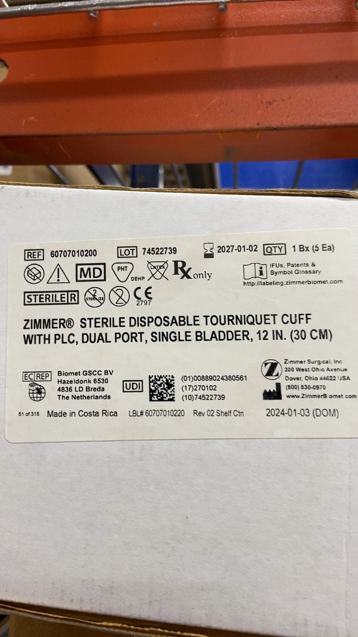 60707010200 - ZIMMER - ZIMMER® STERILE DISPOSABLE TOURNIQUET CUFF WITH PLC, DUAL PORT, SINGLE BLADDER, 12 IN. (30 CM), (BX/5)