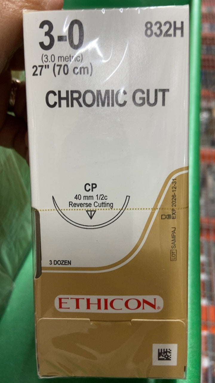 832H - ETHICON - Gut Chromic Absorbable Monofilament Suture, Size 3-0, 27 in. Length, CP Needle, (BX/36)