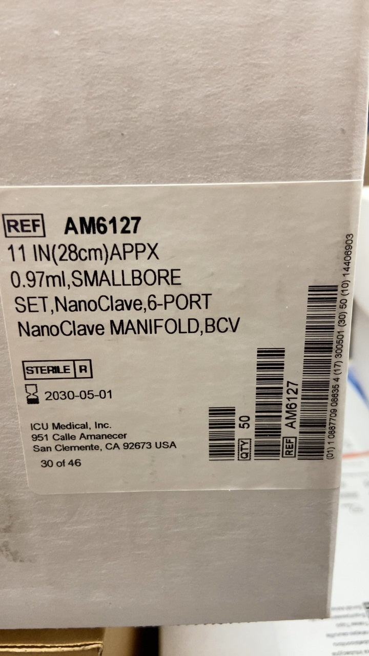 AM6127 - ICU MEDICAL - 11 IN(28cm)APPX 0.97mL,SMALLBORE SET,NanoClave,6-PORT NanoClave MANIFOLD,BCV, (BX/50)
