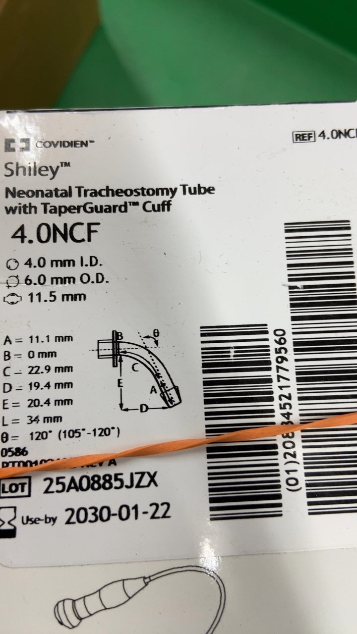 4.0NCF - COVIDIEN - Shiley Neonatal Tracheostomy Tube with TaperGuard Cuff 4.0NCF, (BX/1)