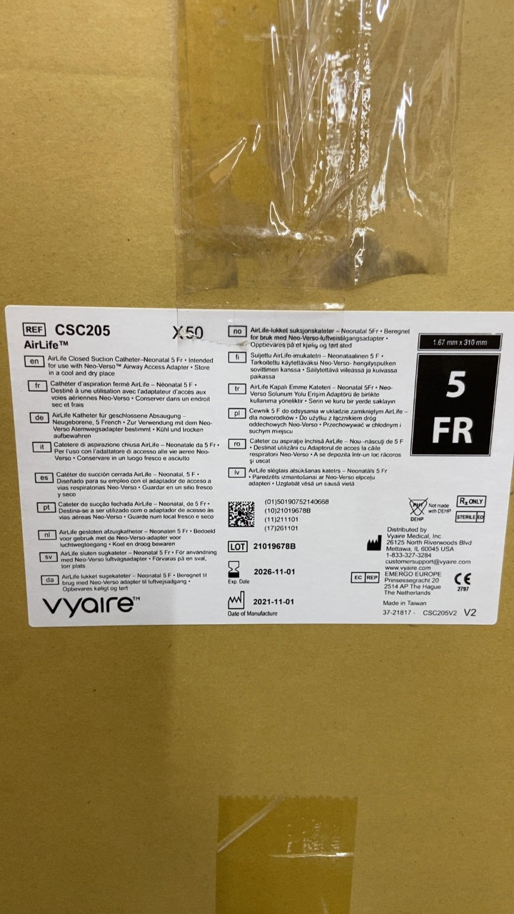CSC205 - VYAIRE MEDICAL - AirLite Closed Suction Catheter, Neonatal 5 Fr, (CS/25)