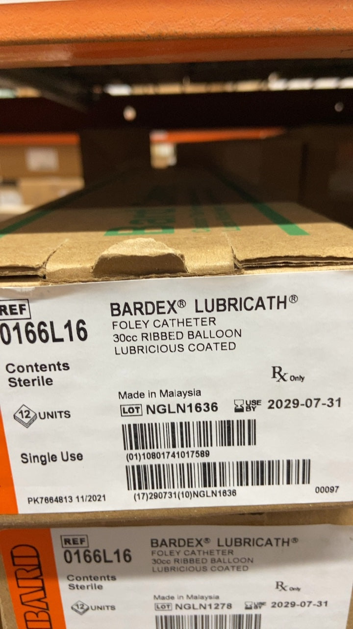 0166L16 - BARD - BARDEX LUBRICATH FOLEY CATHETER 30cc RIBBED BALLOON LUBRICIOUS COATED, (BX/12)