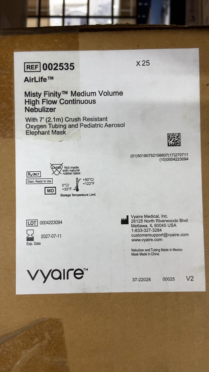 2535 - VYAIRE MEDICAL - AirLife Misty Finity Medium Volume High Flow Continuous Nebulizer With 7' (2.1m) Crush Resistant Oxygen Tubing and Pediatric Aerosol Elephant Mask, (BX/25)