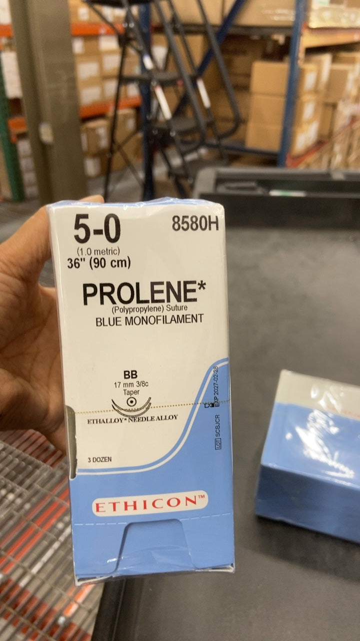 8580H - ETHICON - Prolene Non-Absorbable Monofilament Polypropylene Suture, Size 5-0, 36 in. Length, BB Needle, (BX/36)