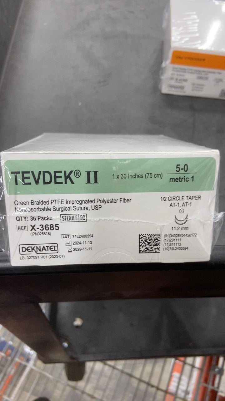 X-3685 - DEKNATEL - TEVDEK II Green Braided PTFE Impregnated Polyester Fiber Nonabsorbable Surgical Suture, USP 1 x 30 Inches (75 cm) 5-0 metric 1 1/2 CIRCLE TAPER AT-1, AT-1, (BX/36)
