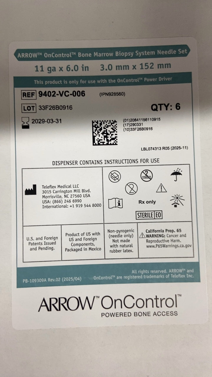 9402-VC-006 - TELEFLEX - ARROW™ OnControl™ Bone Marrow Biopsy System Needle Set 11 ga x 6.0 in 3.0 mm x 152 mm, (BX/6)