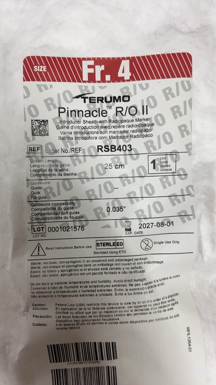 RSB403 - TERUMO - TERUMO Pinnacle R/O.II Introducer Sheath with Radiopaque Marker, (EA/1)