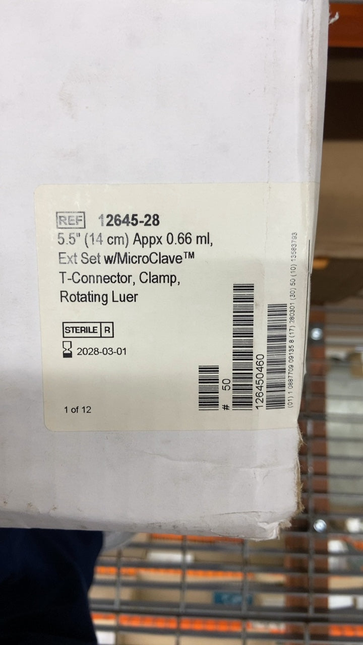12645-28 - ICU MEDICAL - 5.5" (14 cm) Appx 0.66 ml, Ext Set w/MicroClave™ T-Connector, Clamp, Rotating Luer, (CS/50)