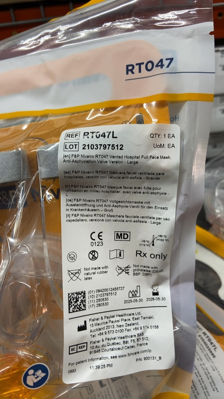 RT047L - FISHER & PAYKEL - F&P Nivairo RT047 Vented Hospital Full Face Mask, Anti-Asphyxiation Valve Version - Large, (EA/1)
