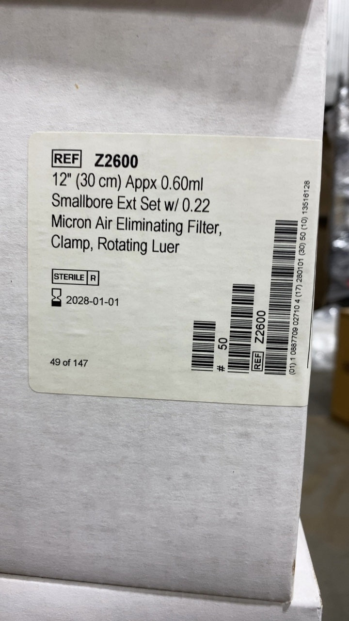 Z2600 - ICU MEDICAL - 12" (30 cm) Appx 0.60ml Smallbore Ext Set w/ 0.22 Micron Air Eliminating Filter, Clamp, Rotating Luer, (BX/50)
