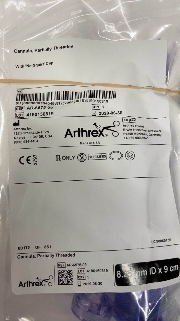AR-6575-09 - ARTHREX - Partially Threaded Cannula with No Squirt Cap, 8.25 mm ID x 9 cm Length, (EA/1)