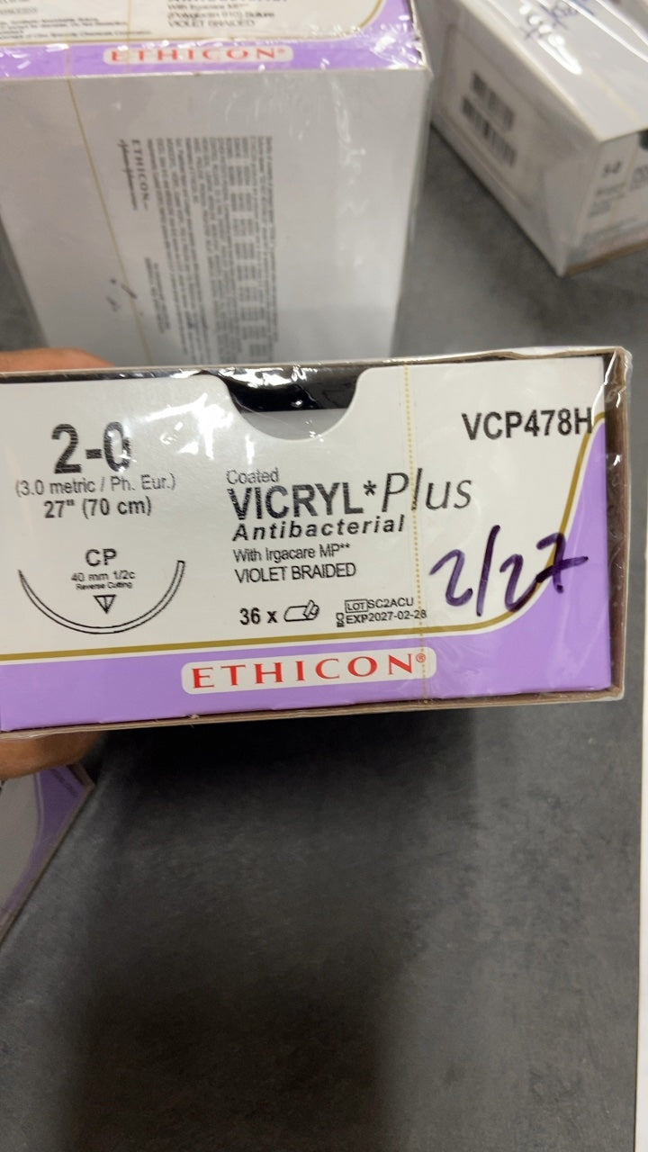 VCP478H - ETHICON - VICRYL PLUS COATED ANTIBACTERIAL SUTURE REVERSE CUTTING SIZE 20 27 in. VIOLET BRAIDED 3DZ/BX, (BX/36)