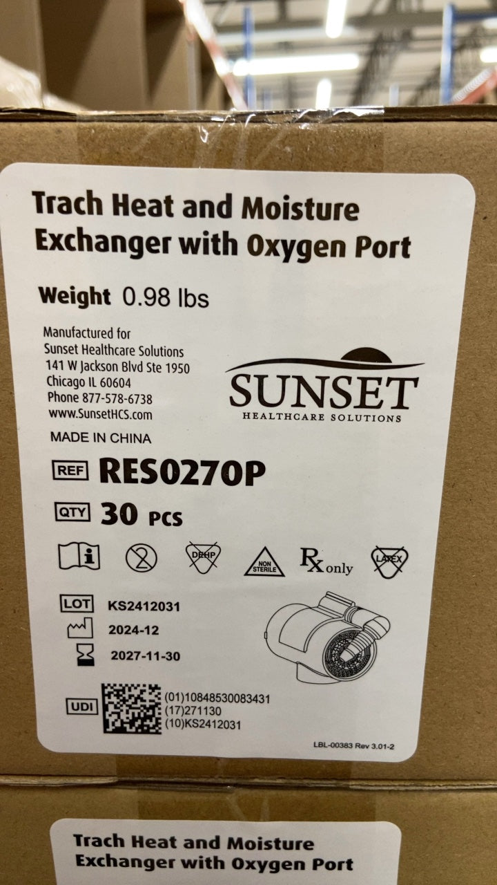 RES0270P - SUNSET HEALTHCARE - Trach Heat and Moisture Exchanger with Oxygen Port, (CS/30)