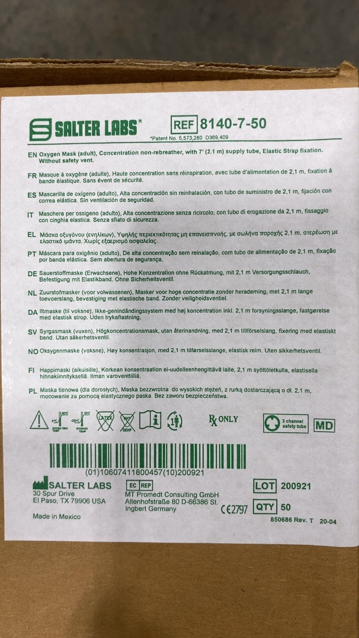 8140-7-50 - SALTER LABS - Oxygen Mask (adult), Concentration non-rebreather, with 7' (2.1 m) supply tube, Elastic Strap fixation. Without safety vent., (BX/50)
