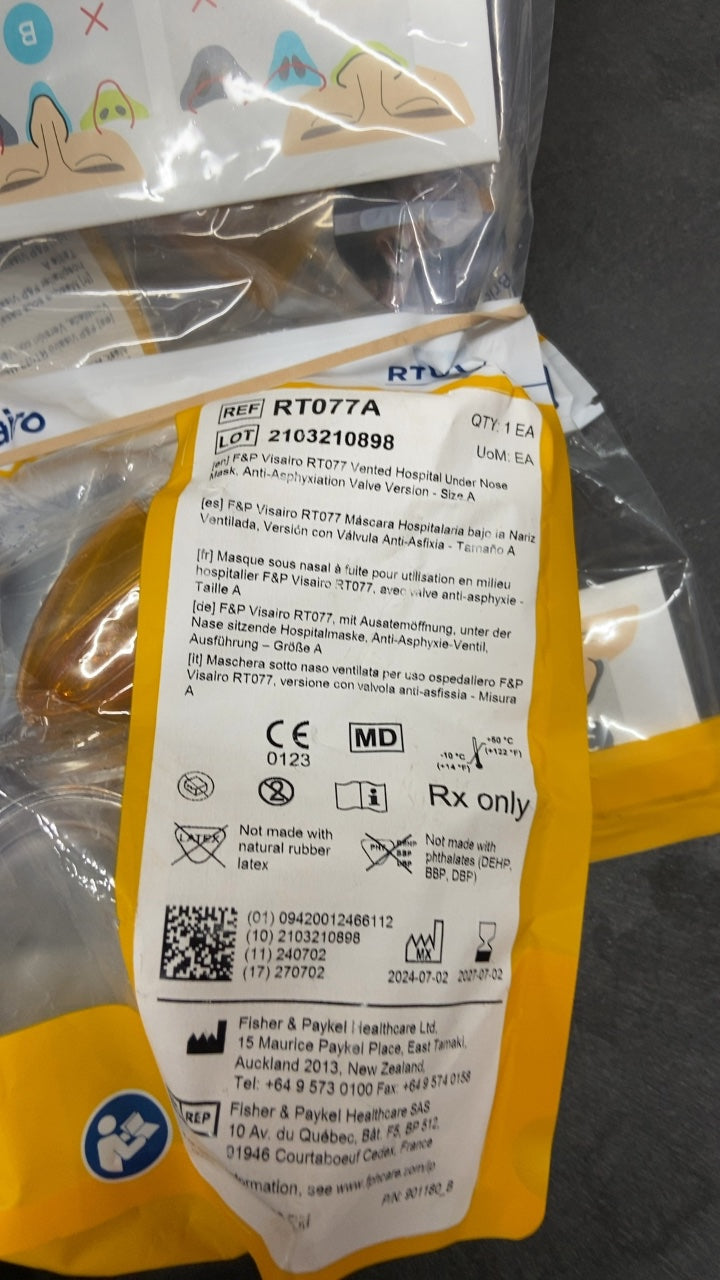 RT077A - FISHER & PAYKEL - F&P Visairo RT077 Vented Hospital Under Nose Mask, Anti-Asphyxiation Valve Version - Size A, (EA/1)