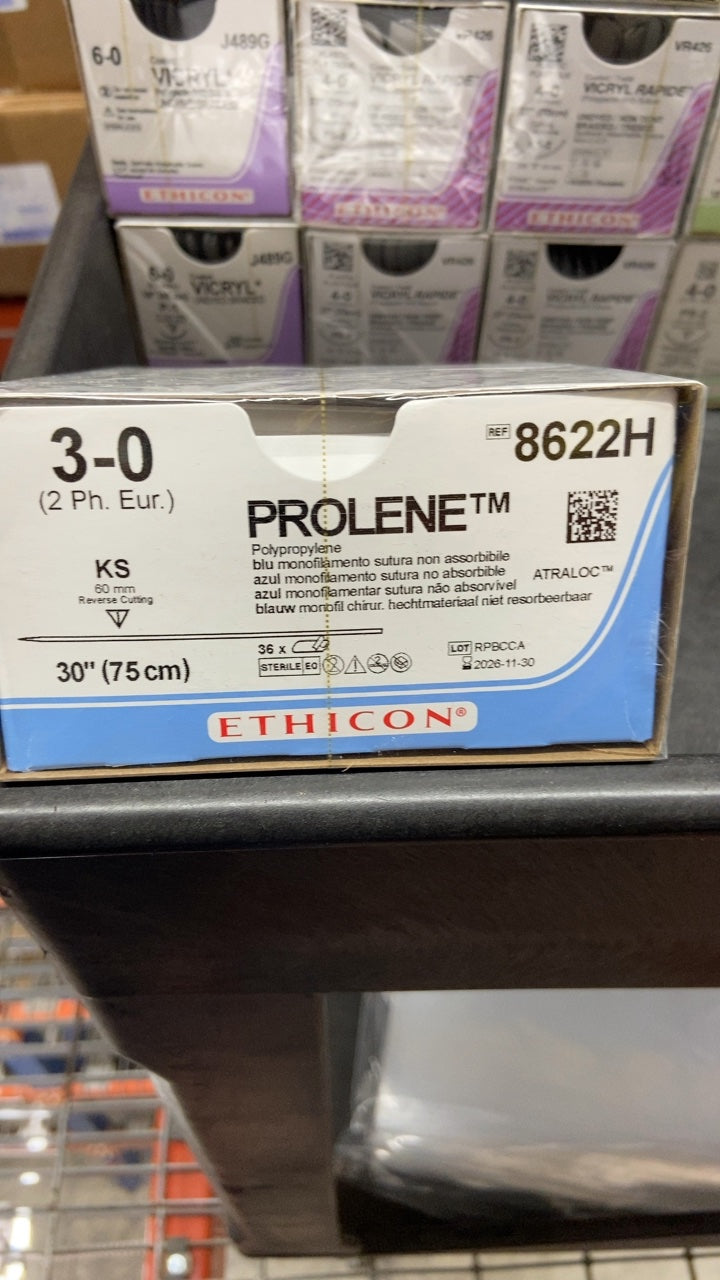 8622H - ETHICON - Prolene Non-Absorbable Monofilament Polypropylene Suture, Size 3-0, 30 in. Length, KS Needle, (BX/36)