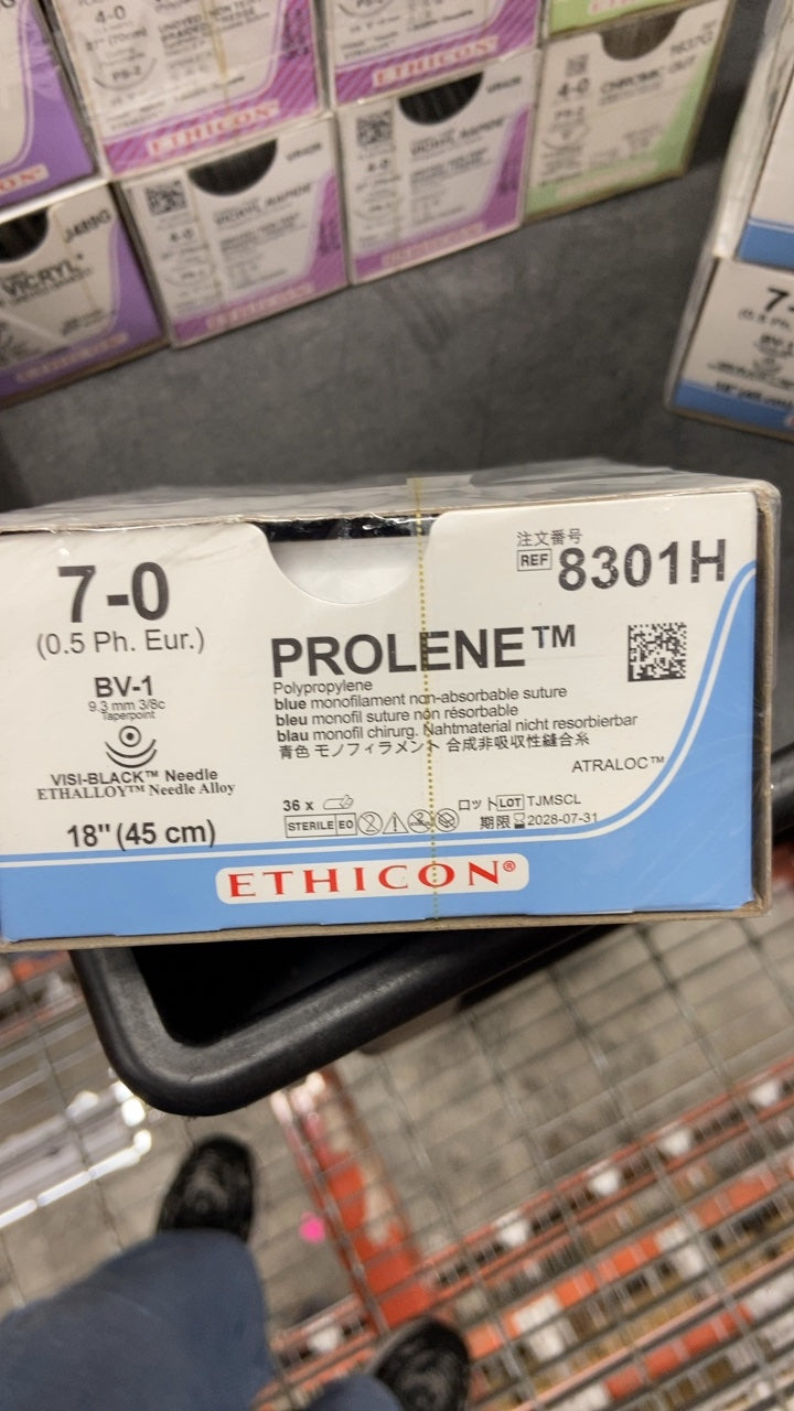 8301H - ETHICON - Prolene Non-Absorbable Monofilament Polypropylene Suture, Size 7-0, 18 in. Length, BV-1 Needle, (BX/36)