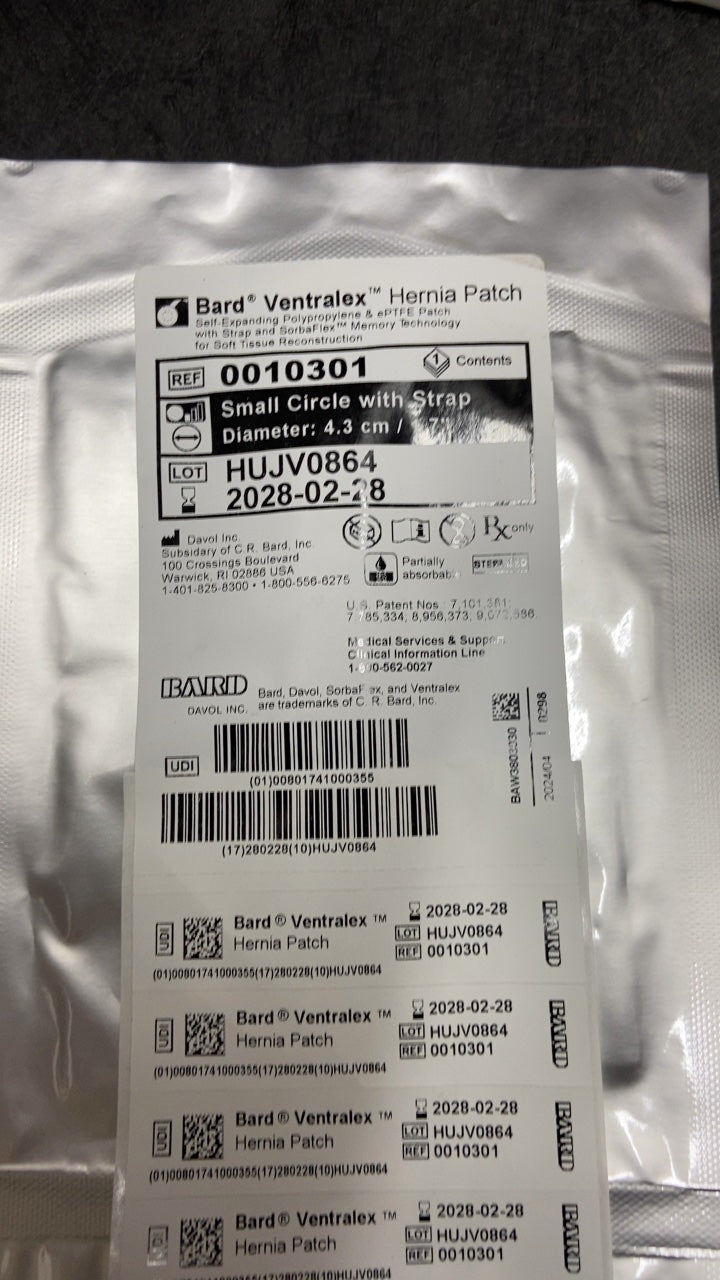 10301 - DAVOL - Ventralex Hernia Patch Self-Expanding Polypropylene & Eptfe Patch With Strap And Sorbaflex Memory Technology For, (EA/1)