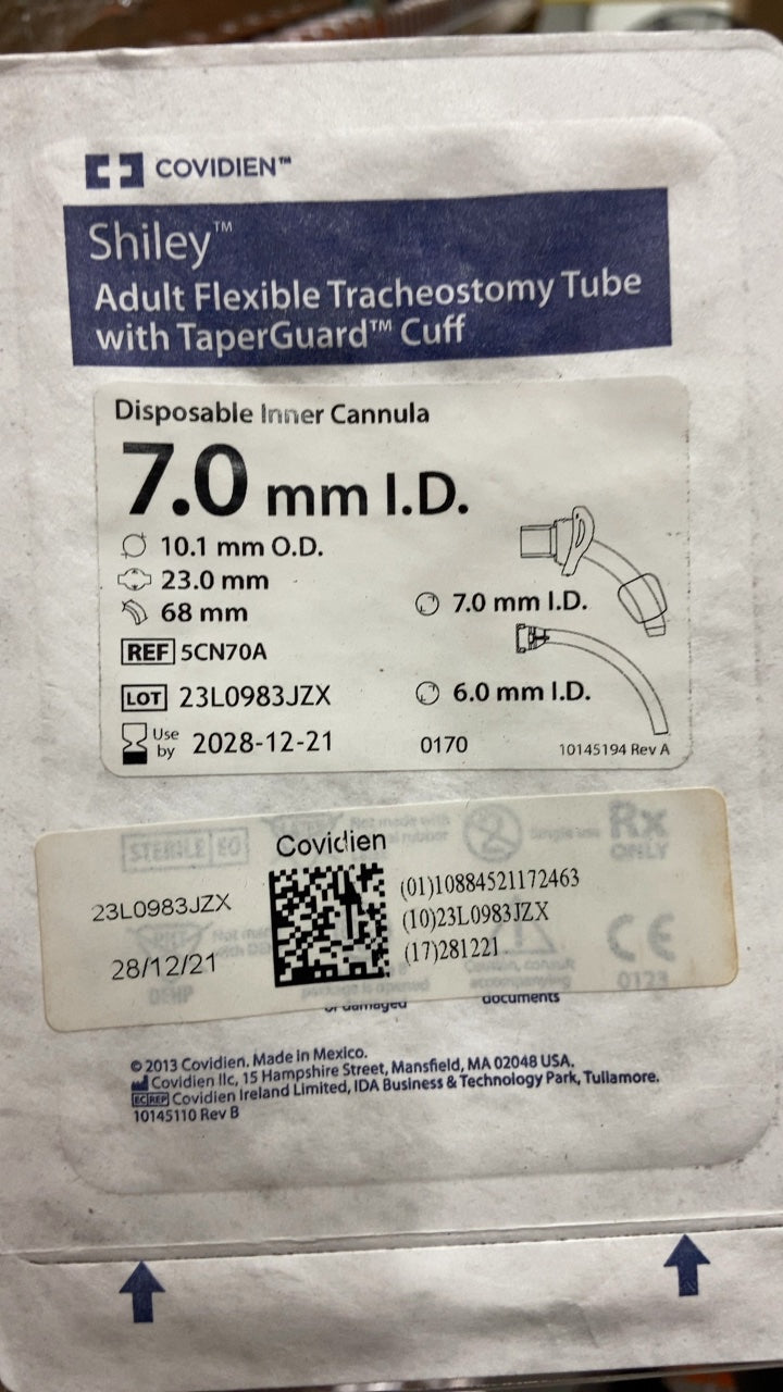 5CN70A - COVIDIEN - Shiley Adult Flexible Tracheostomy Tube with TaperGuard Cuff, Disposable Inner Cannula, 7.0 mm I.D., (EA/1)