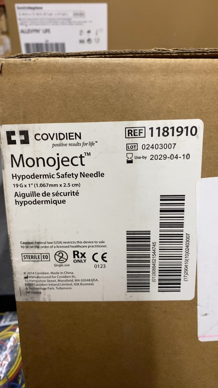 1181910 - COVIDIEN - Monoject Hypodermic Safety Needle 19 G x 1" (1.067mm x 2.5 cm), (CS/800)