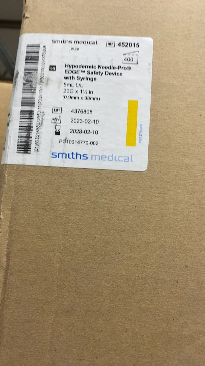 452015 - SMITHS MEDICAL - Hypodermic Needle-Proo EDGE™ Safety Device with Syringe 5mL L/L 20G x 1½ in (0.9mm x 38mm), (CS/400)
