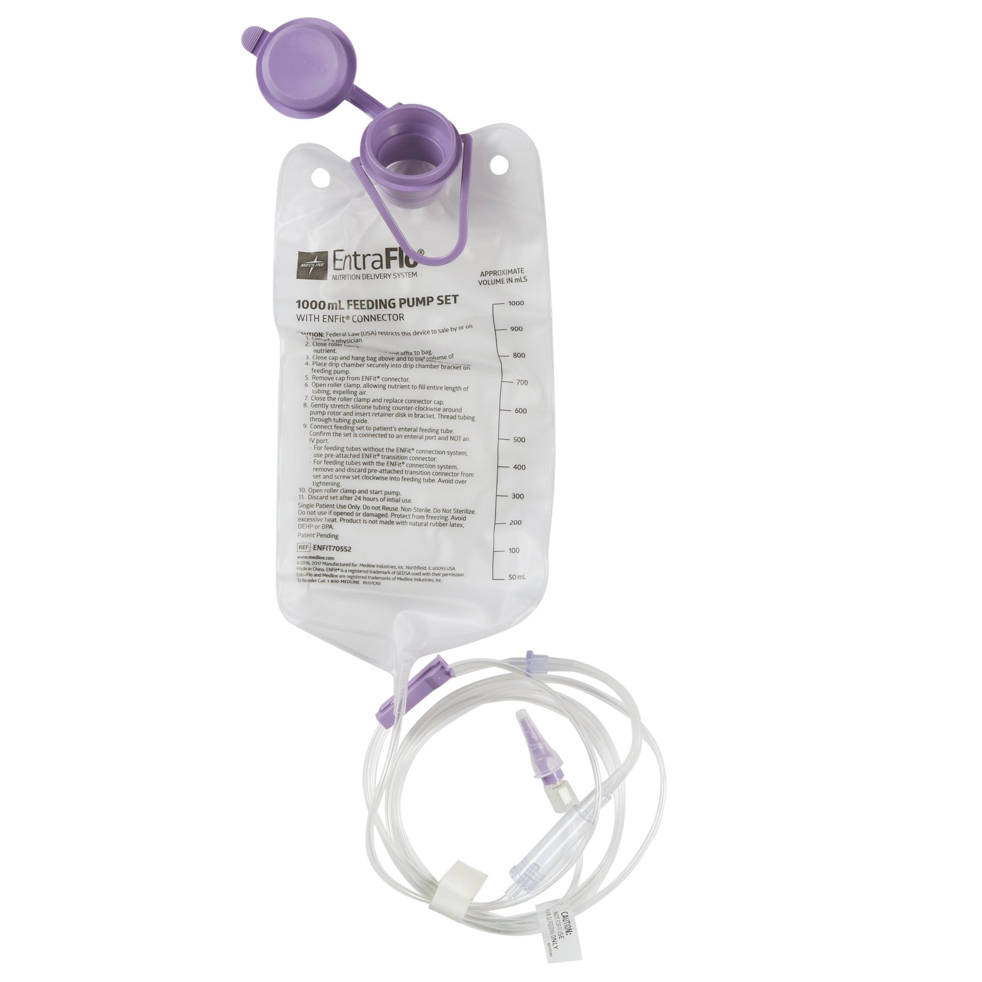 1026738 - Medline - Medline EntraFlo Enteral Feeding Pump Bag Set with ENFit Connector 1000 mL Silicone NonSterile Stepped Transition Connector, ENFIT70552, Pack of 1, (EA)