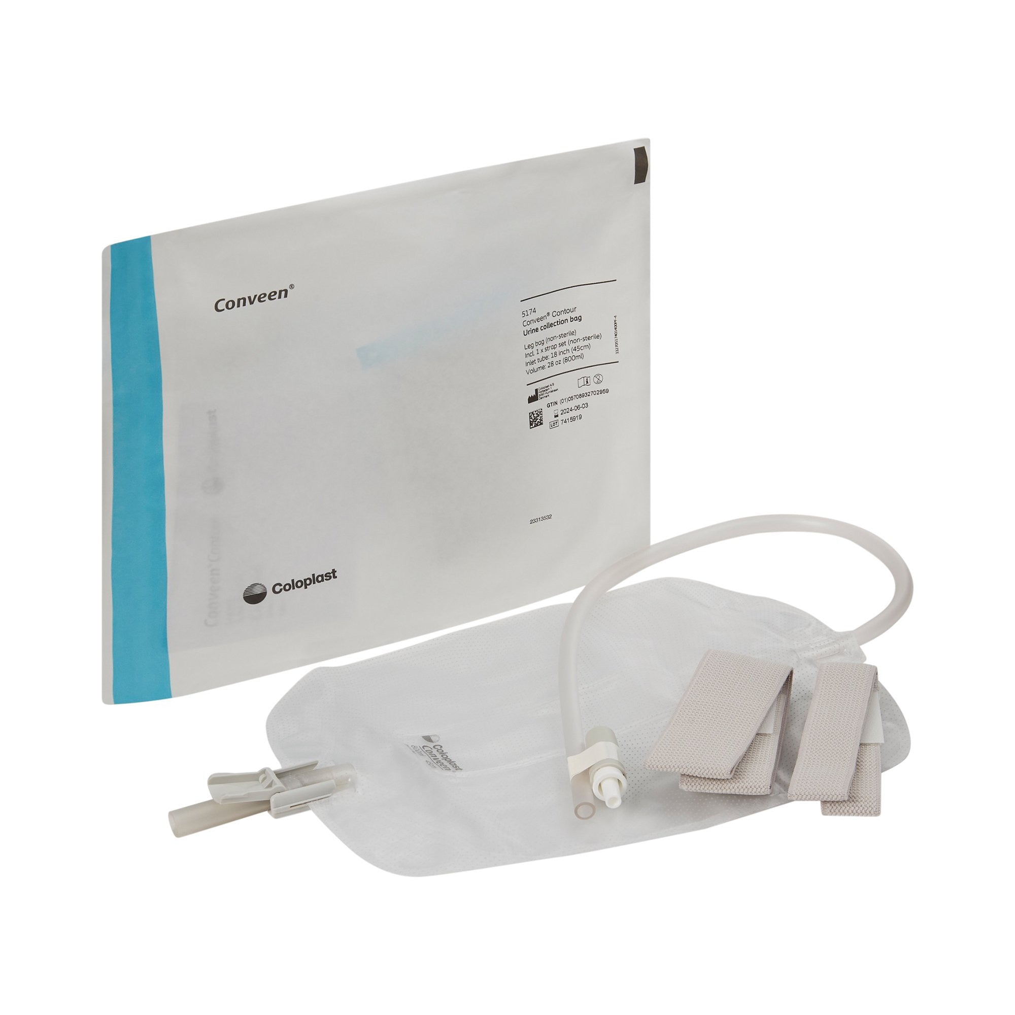 185574 - Conveen - Urinary Leg Bag Conveen Security Anti-Reflux Valve Sterile 800 mL Polyethylene, Flocked 5174 Box of 10, (BX)