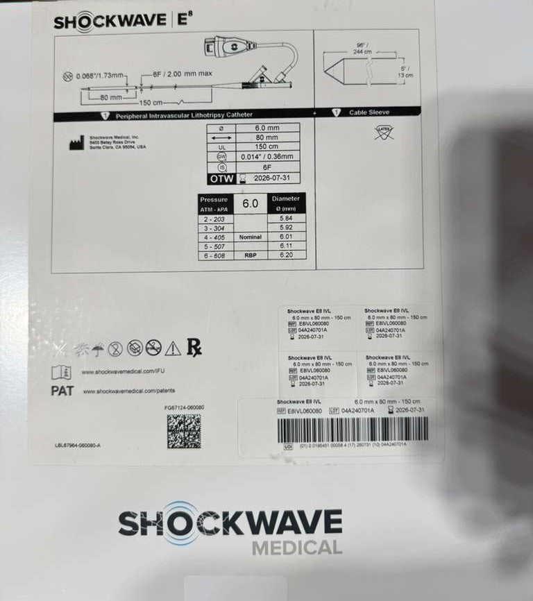 E8IVL060080 - Shockwave Medical - Shockwave Intravascular Lithotripsy System with Shockwave E8 Periphera 6mm x 80mm, (EA)