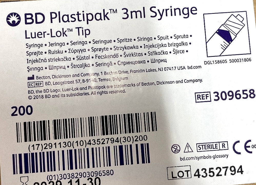 309658 - BD - SYRINGE 3ML LL EURO 200 S/C, (BX/200)
