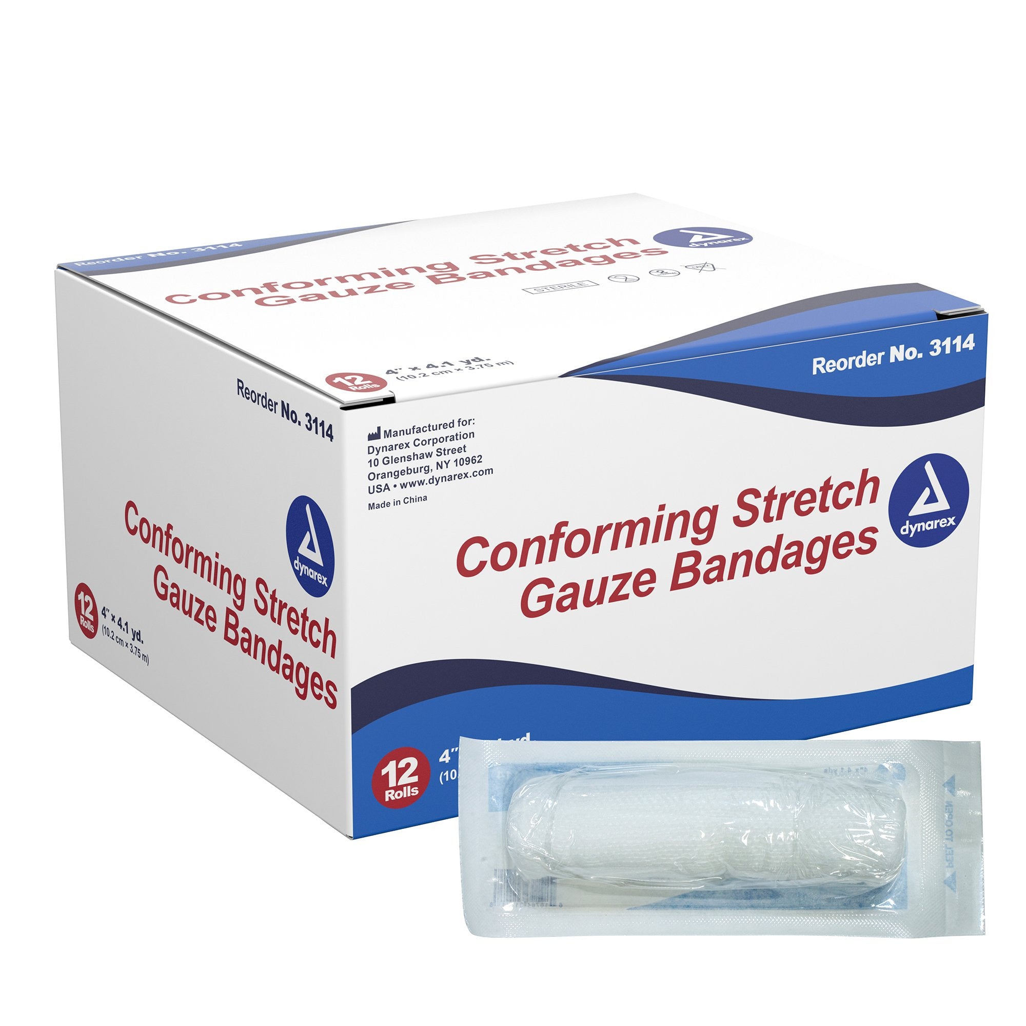 884100 - Dynarex - Dynarex Conforming Bandage 4 Inch X 4-1/10 Yard 1-Ply Sterile 1 per Pouch, 3114, Pack of 1, (EA)