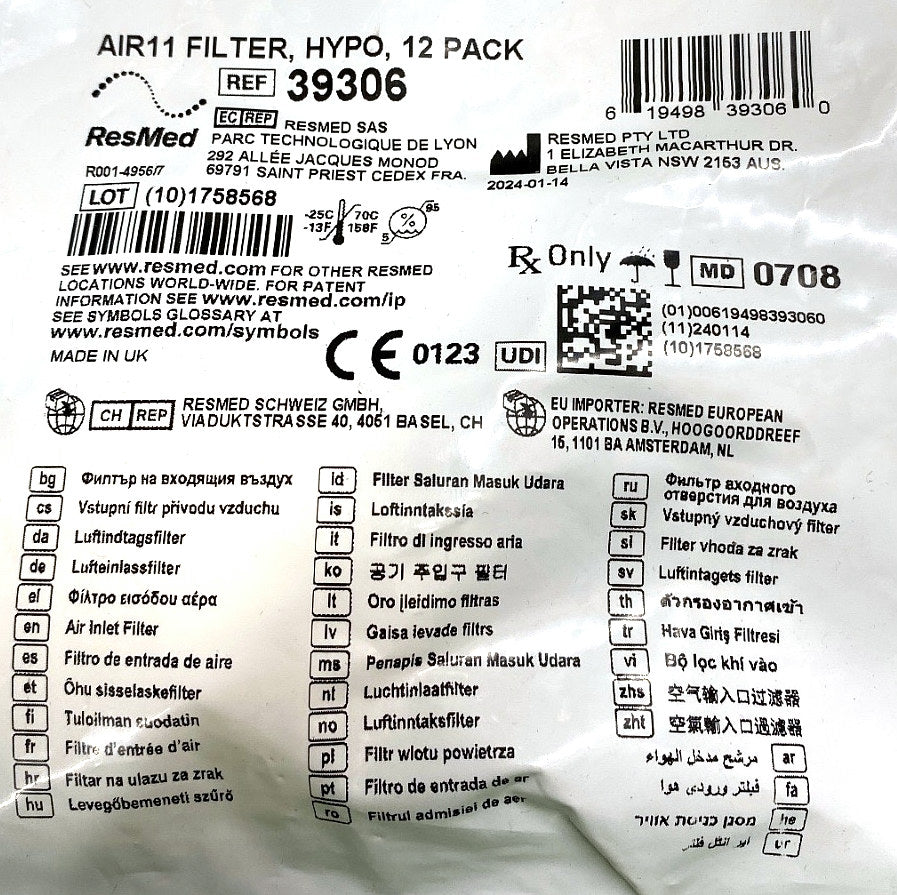 39306 - RESMED - AIR11 FILTER, HYPO, 12 PACK, (EA/1)