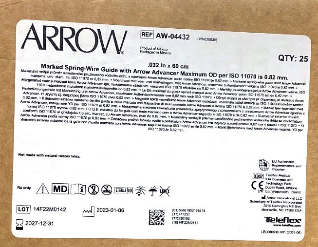 AW-04432 - TELEFLEX - Marked Spring-Wire Guide with Arrow Advancer Maximum OD per ISO 11070 is 0.82 mm., (BX/25)