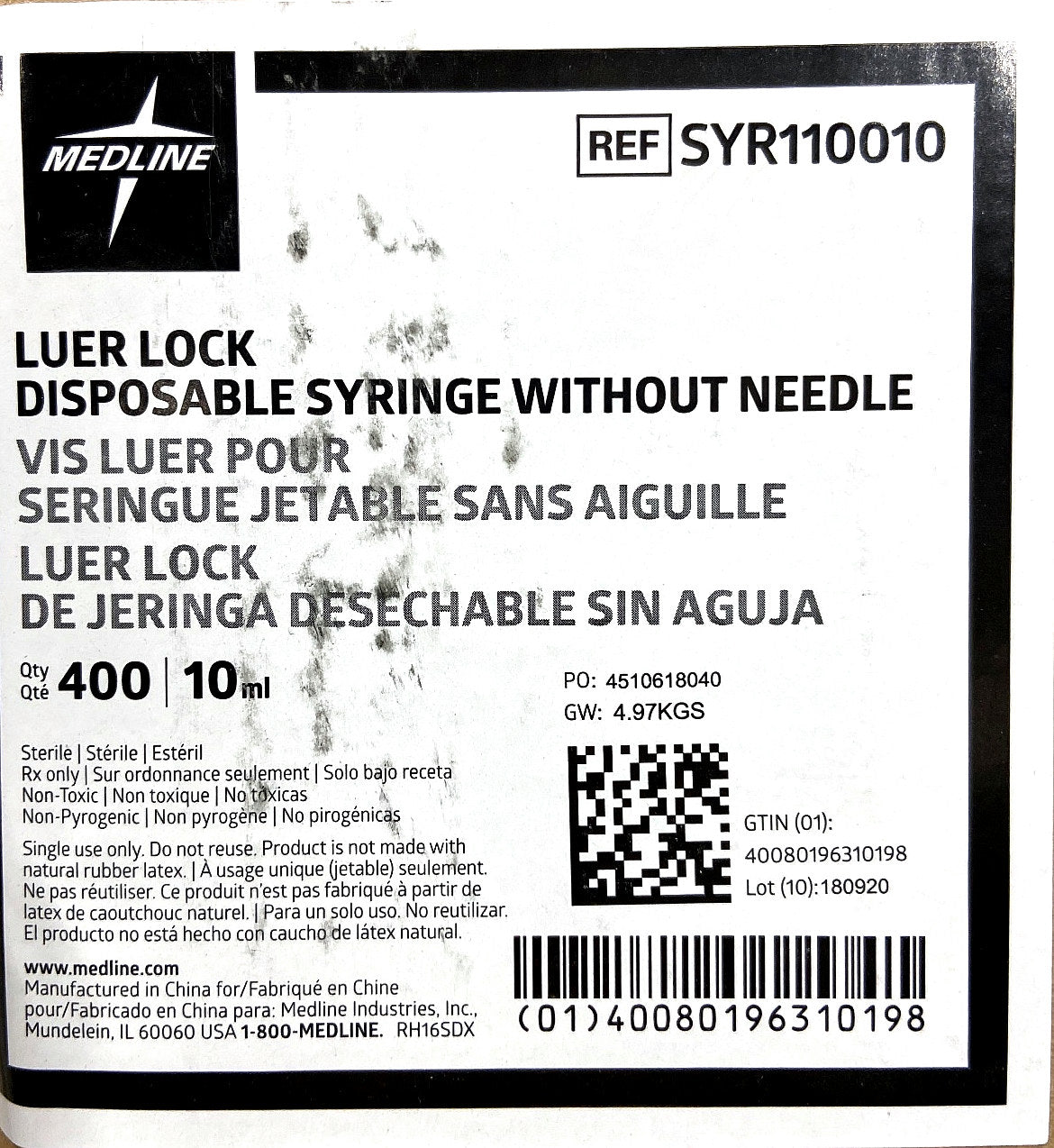 SYR110010 - MEDLINE - SYRINGE, LUER LOCK, 10ML, (CS/400)