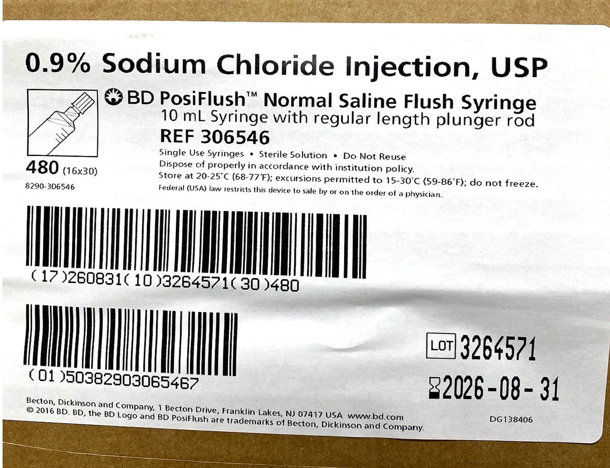 306546 - BD - SYRINGE 10ML REG PR SALINE 10ML FILL, (CS/480)