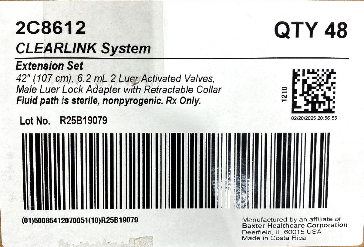 2C8612 - BAXTER - Extension Set, 2 Luer Activated Valves, Male Luer Lock Adapter with Retractable Collar, (BX/48)
