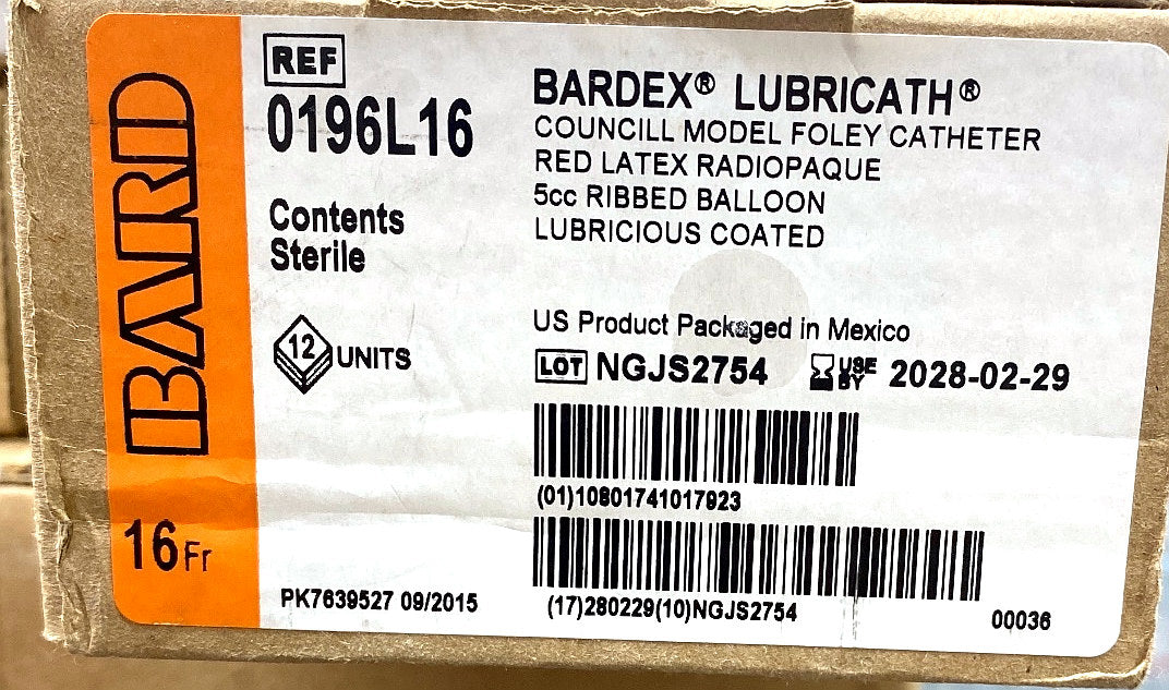 0196L16 - BARD - Bardex® Lubricath® Councill Model Foley Catheter Red Latex Radiopaque 5cc Balloon Lubricious Coated, (BX/12)
