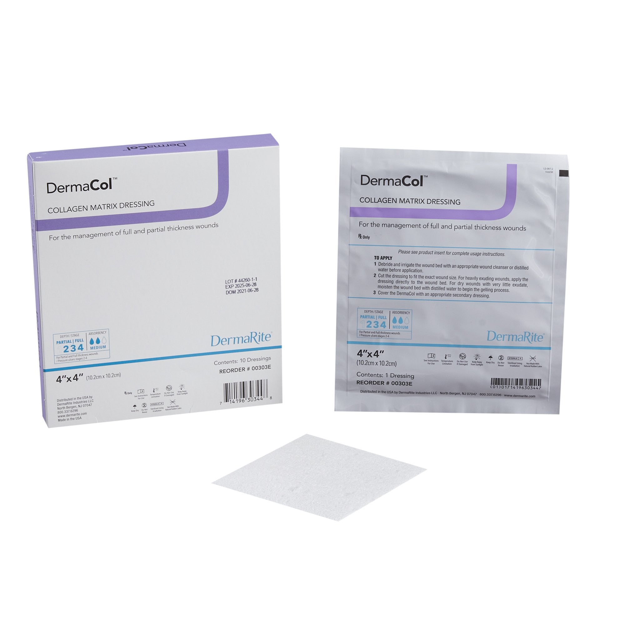 825654 - Derma - DermaCol Collagen Dressing 4 X 4 Inch Square Sterile, 00303E, Pack of 1, (EA)