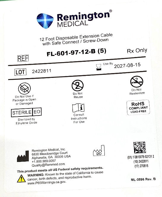 FL-601-97-12-B - REMINGTON MEDICAL - 12 Foot Disposable Extension Cable with Safe Connect / Screw-Down, (BX/5)